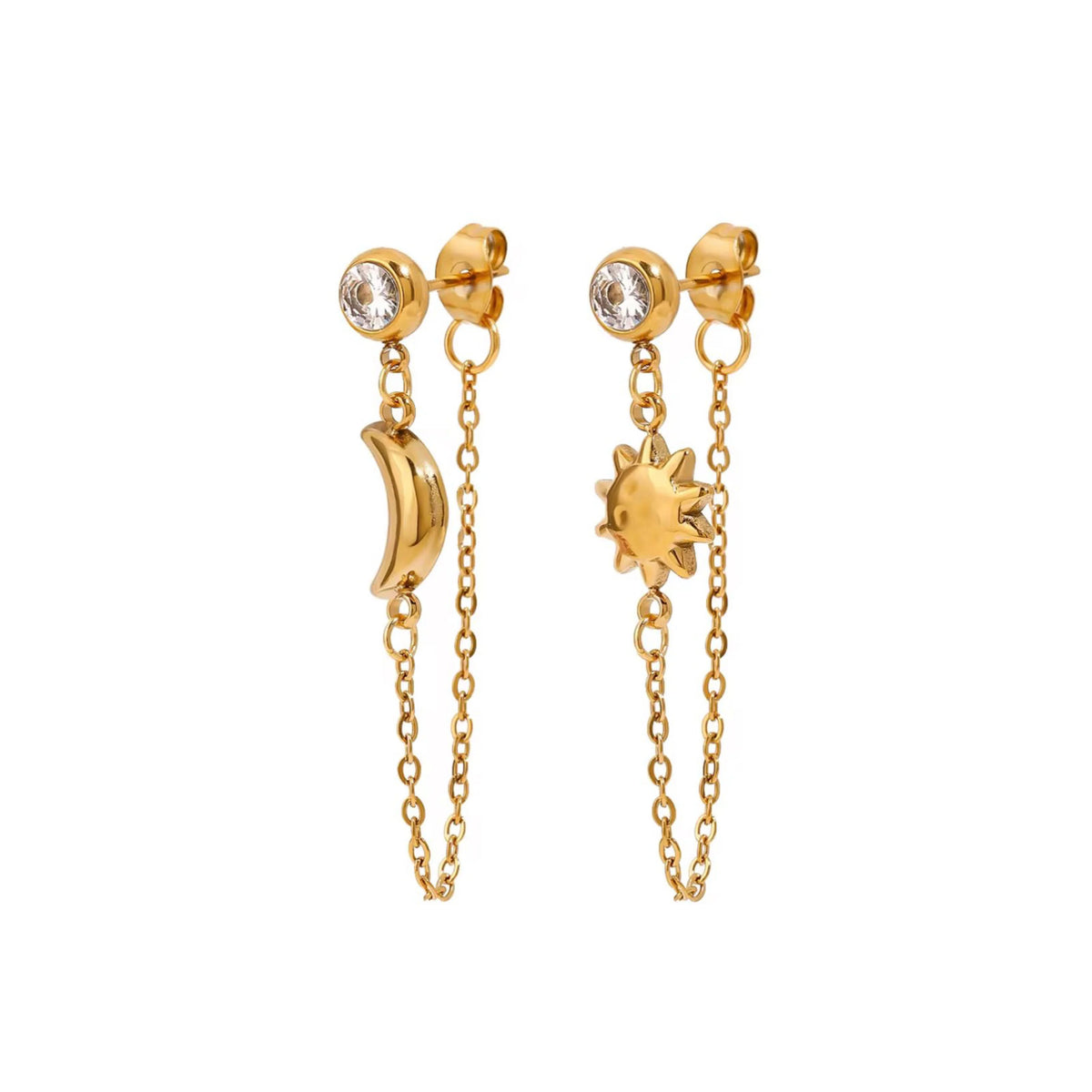 Lorna gold crystal stud earrings with moon and sun chain drops, view 3
