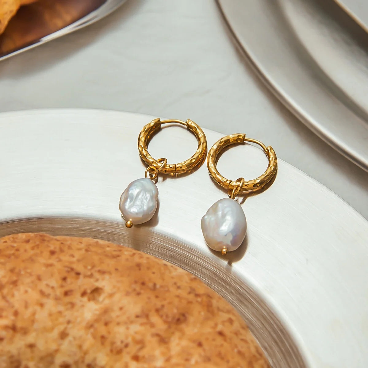 Teresa gold huggie earrings with baroque pearl drop, view 4