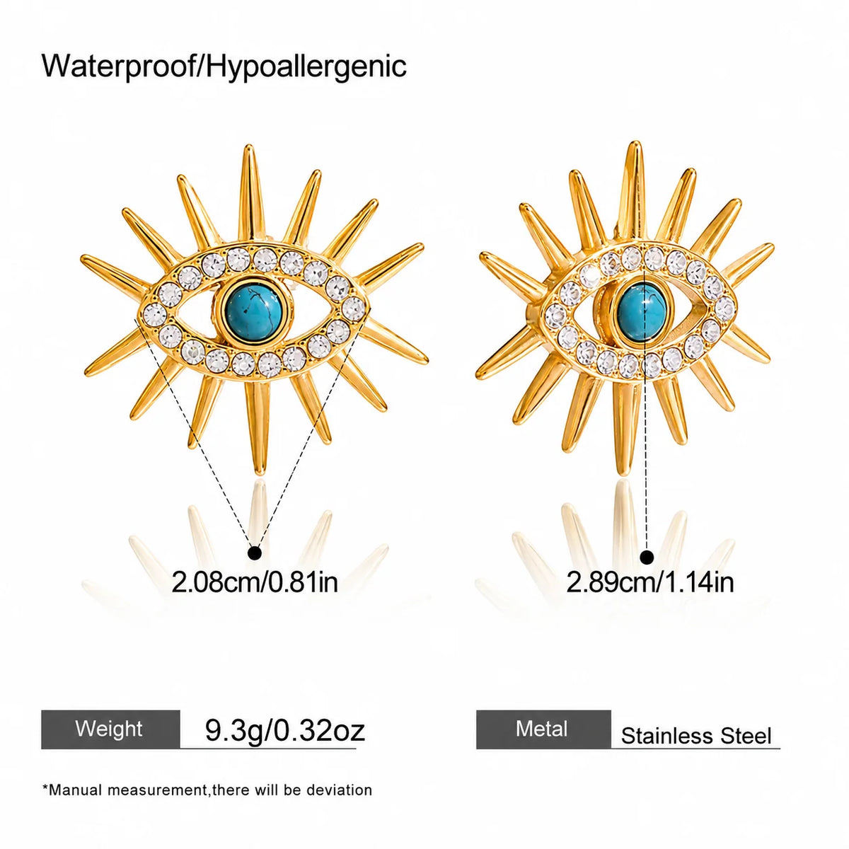 Yolanda gold sunburst stud earrings with turquoise evil eye and crystals, size and dimensions