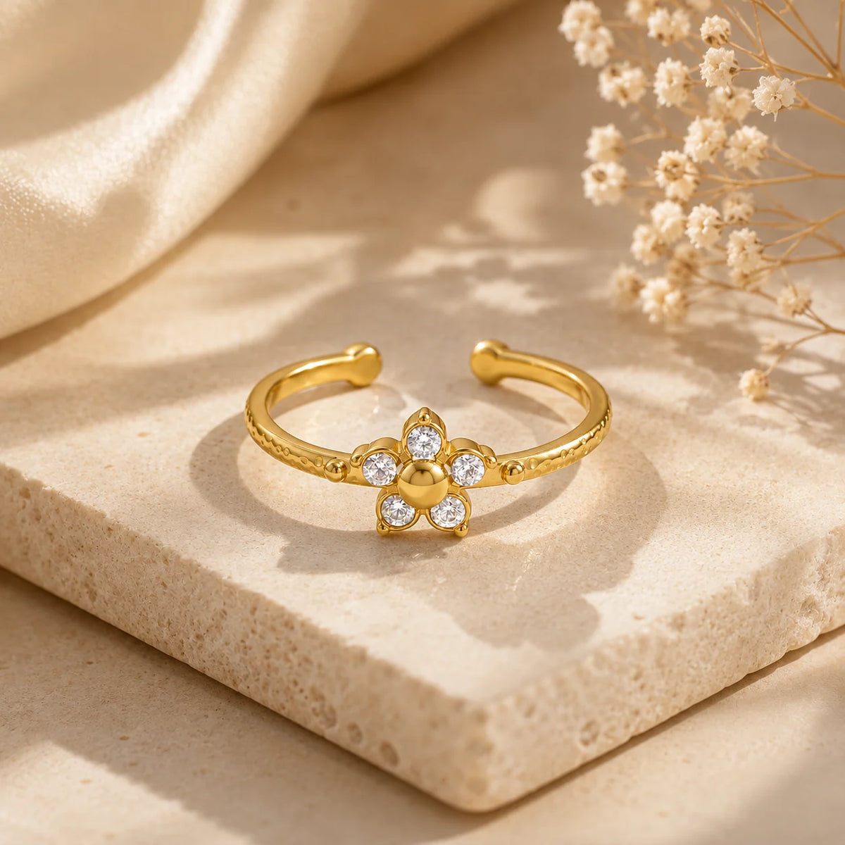 Camellia dainty gold open ring with a single flower of clear stones, view 4