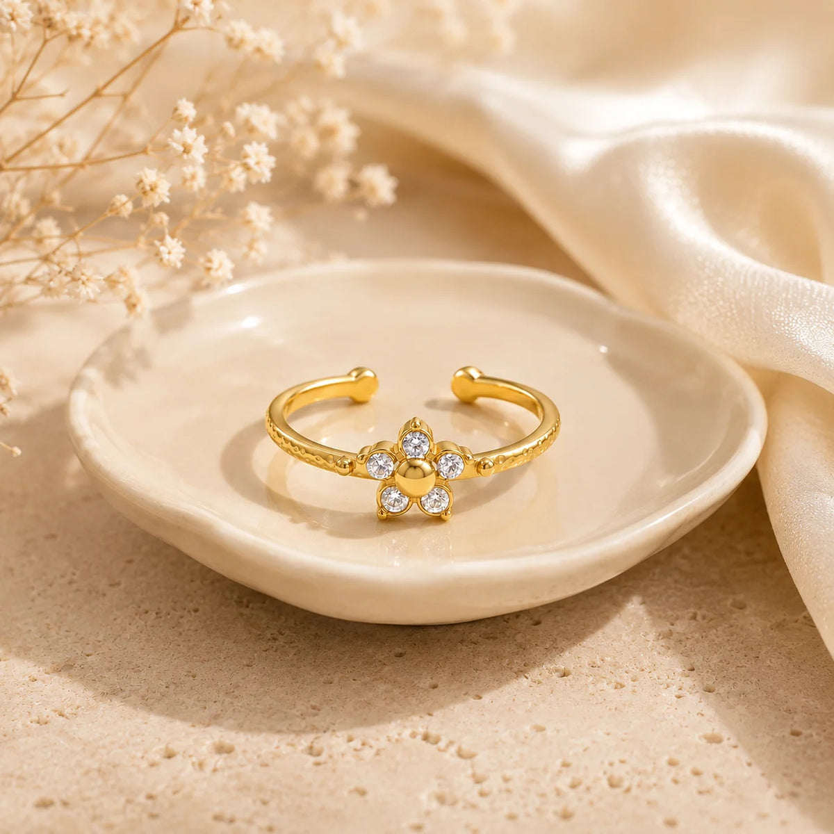 Camellia dainty gold open ring with a single flower of clear stones, view 6