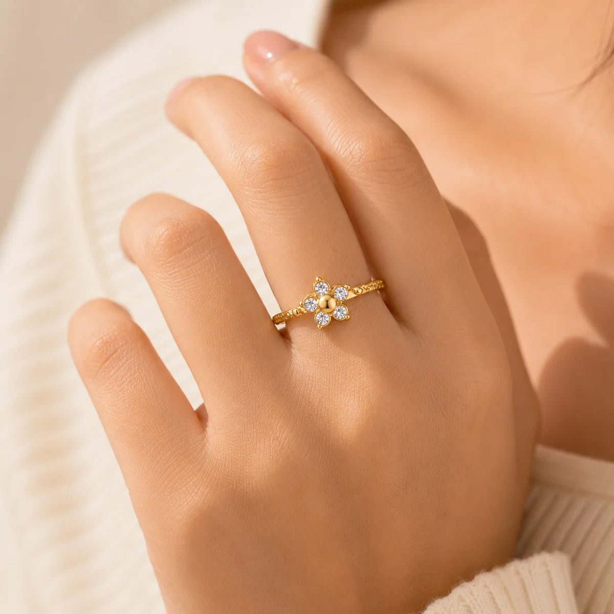 Camellia dainty gold open ring with a single flower of clear stones, view 5