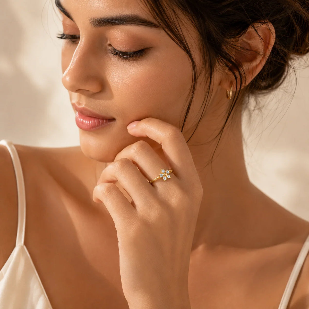 Camellia dainty gold open ring with a single flower of clear stones, view 3