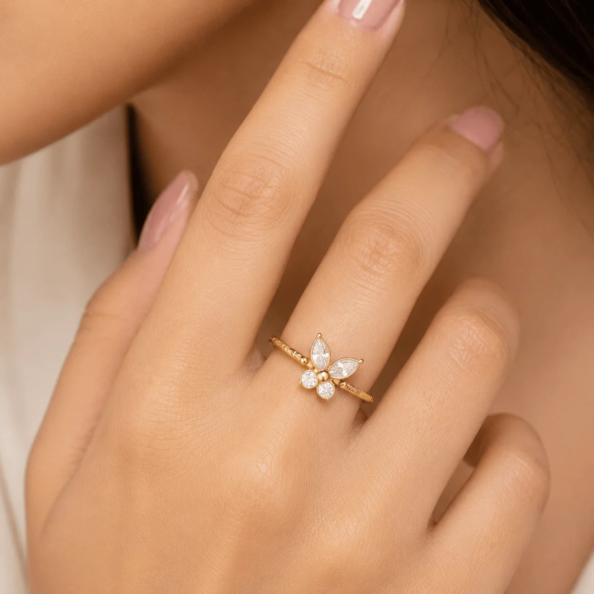Vanessa gold open ring with a butterfly of marquise clear stones, view 3