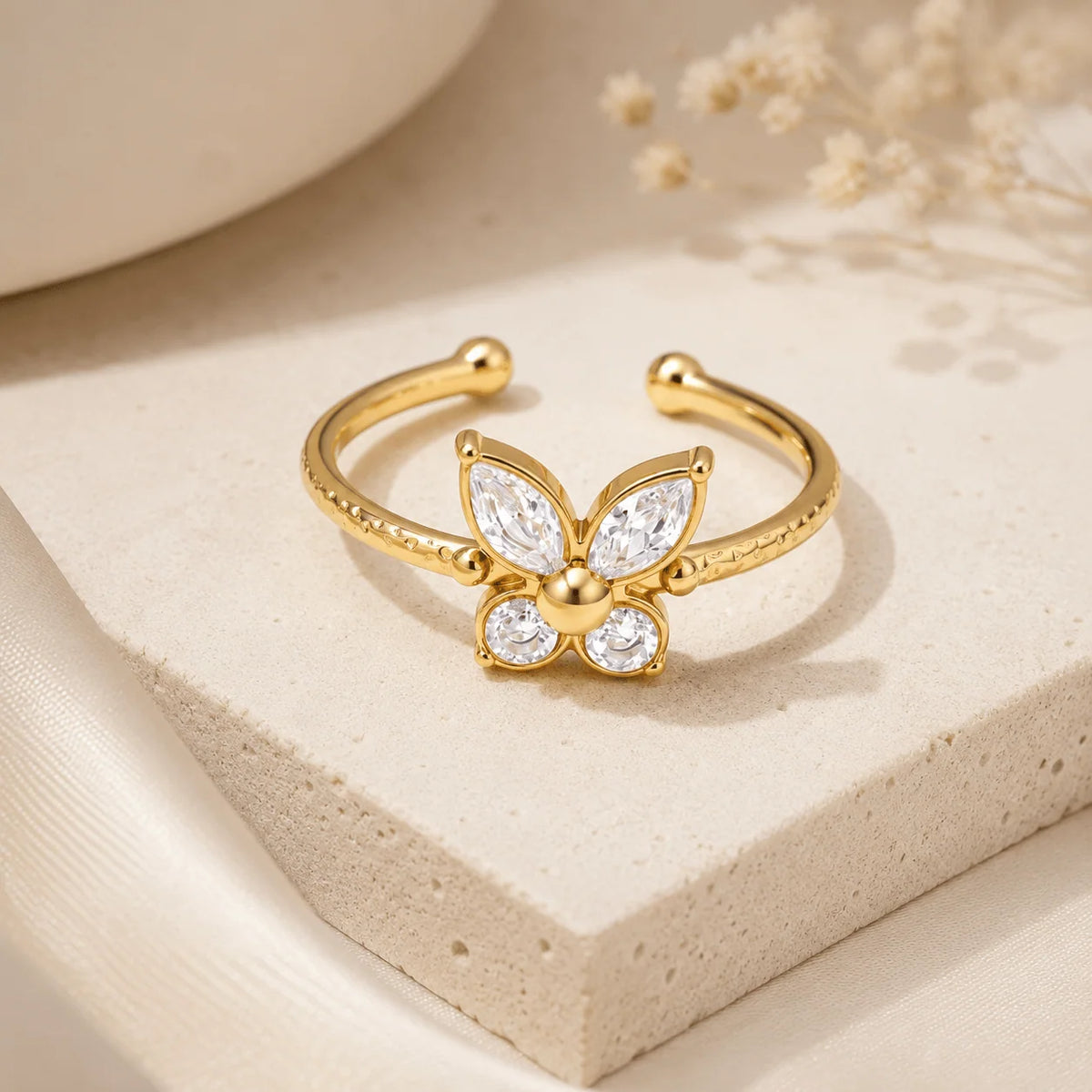 Vanessa gold open ring with a butterfly of marquise clear stones, view 4