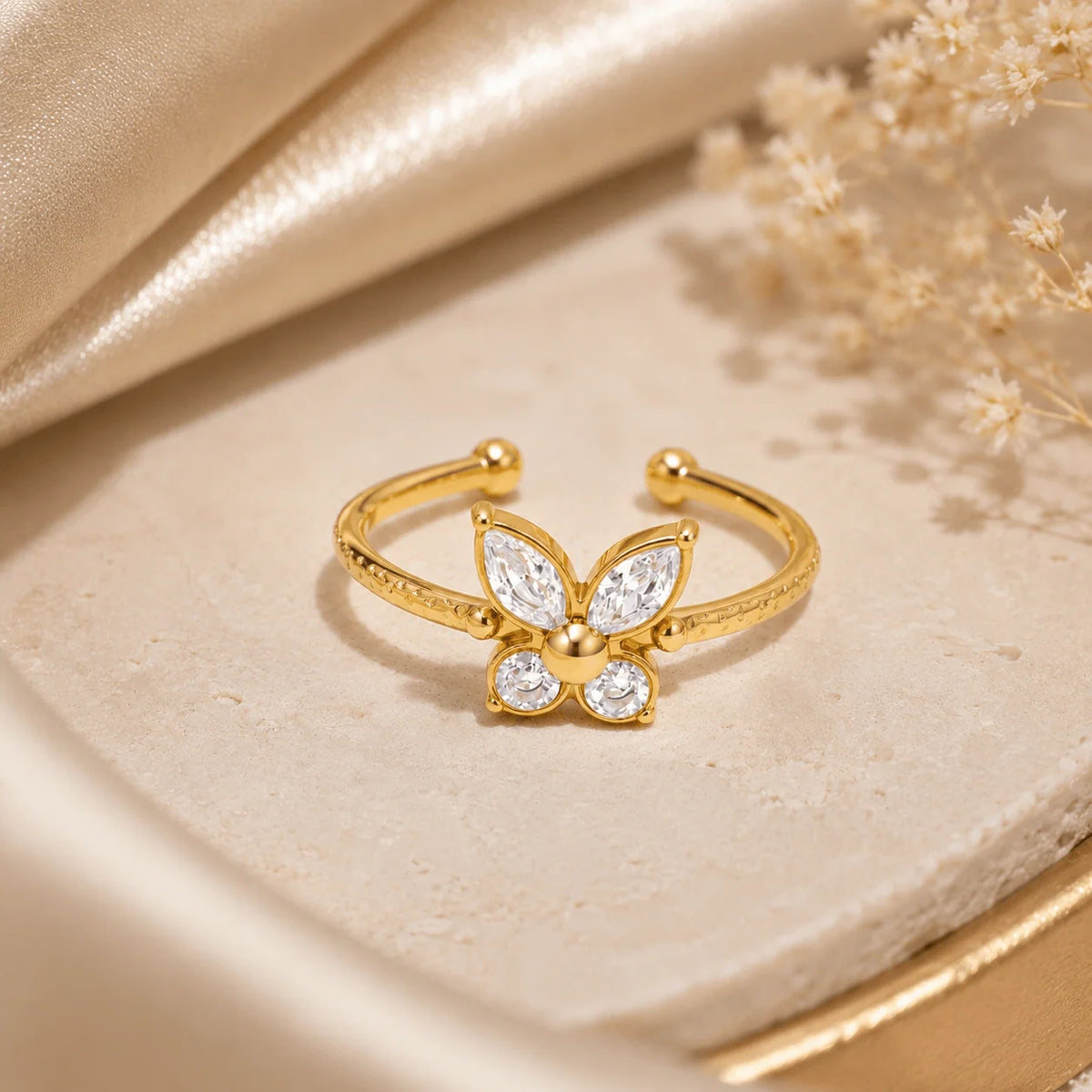 Vanessa gold open ring with a butterfly of marquise clear stones, view 6