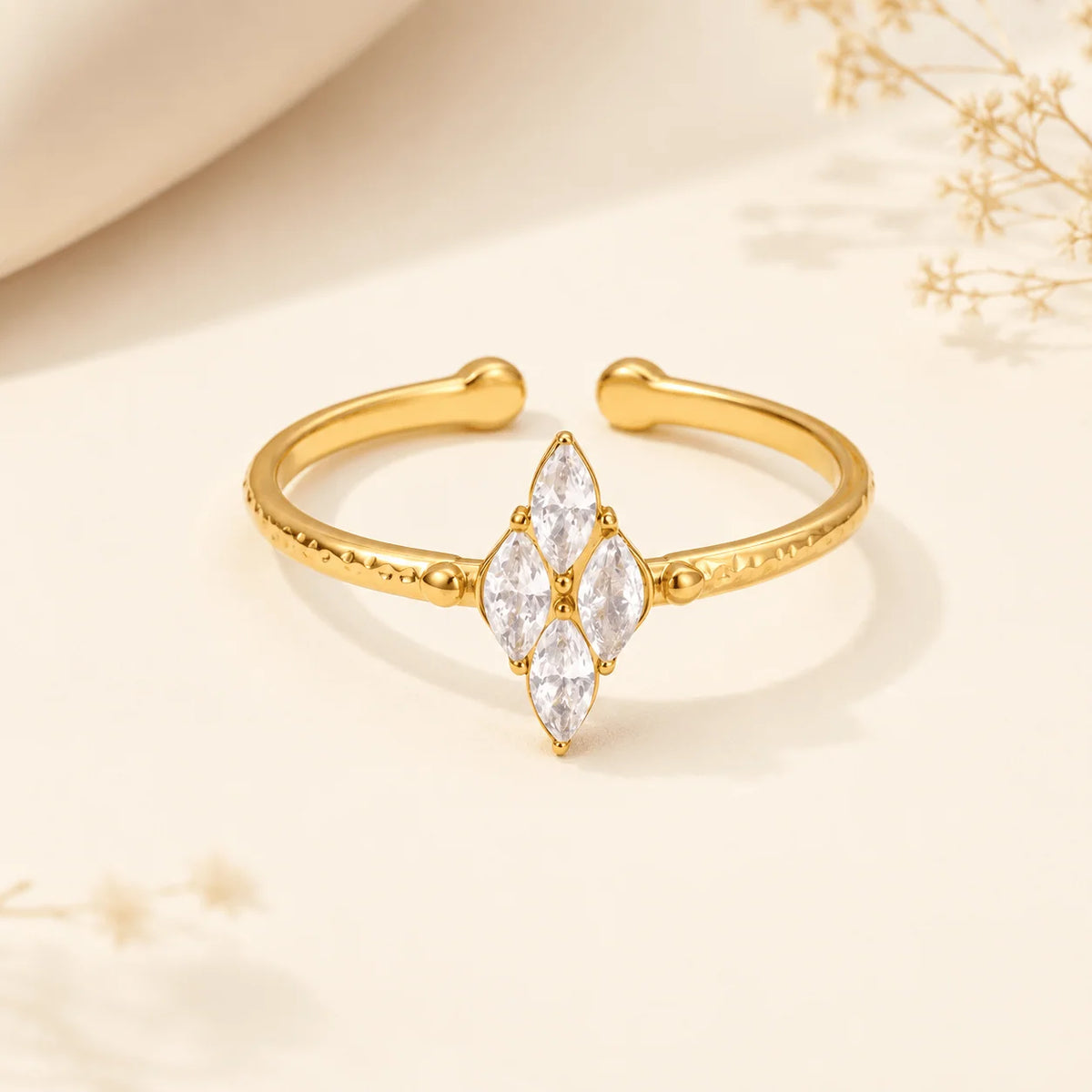 Caroline gold open ring with a diamond shaped marquise stone cluster, view 4