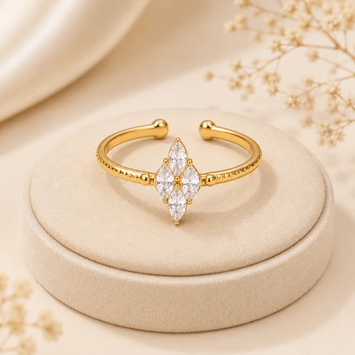 Caroline gold open ring with a diamond shaped marquise stone cluster, view 6