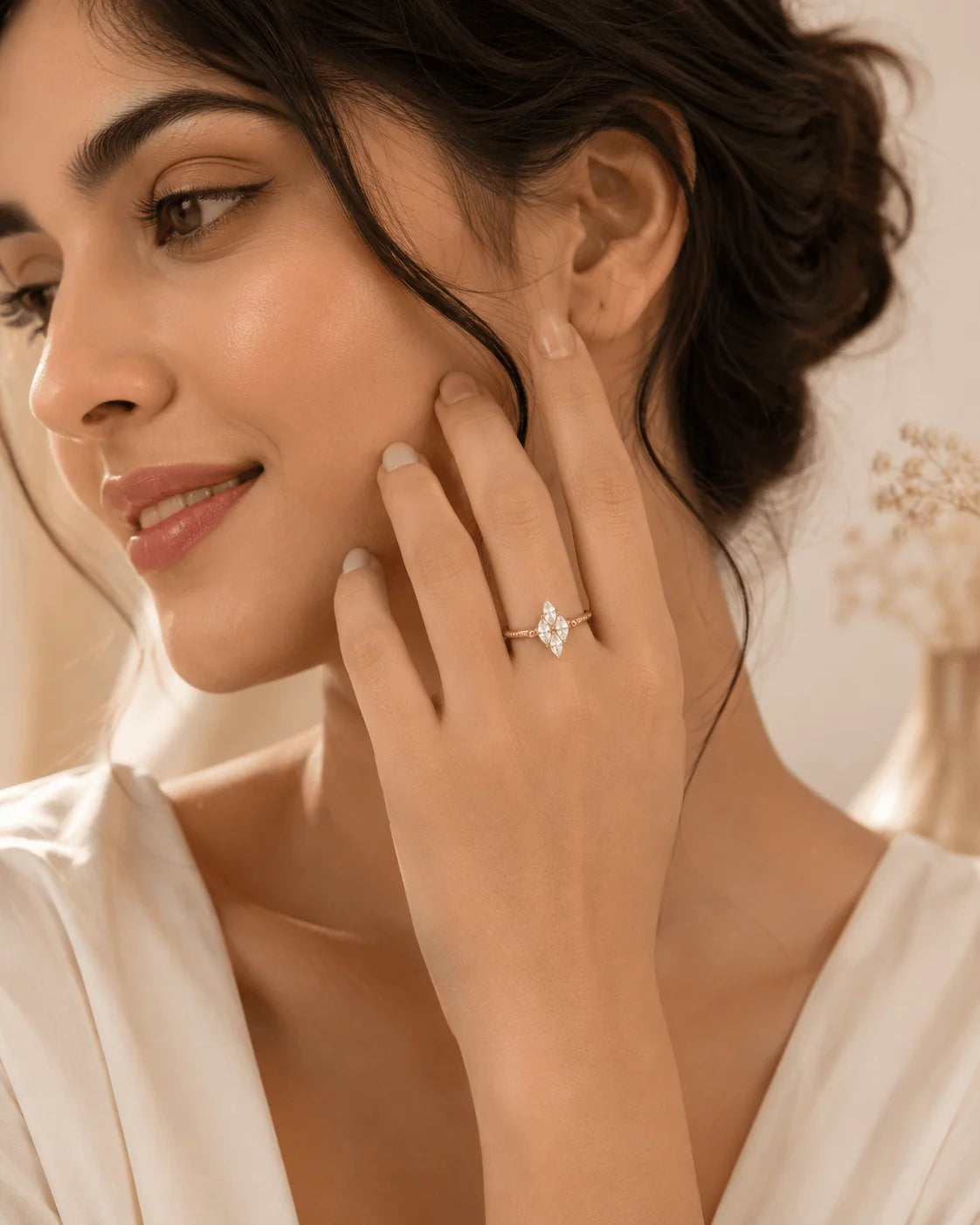 Caroline gold open ring with a diamond shaped marquise stone cluster, view 3