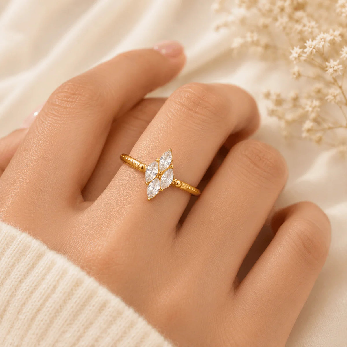 Caroline gold open ring with a diamond shaped marquise stone cluster, view 5