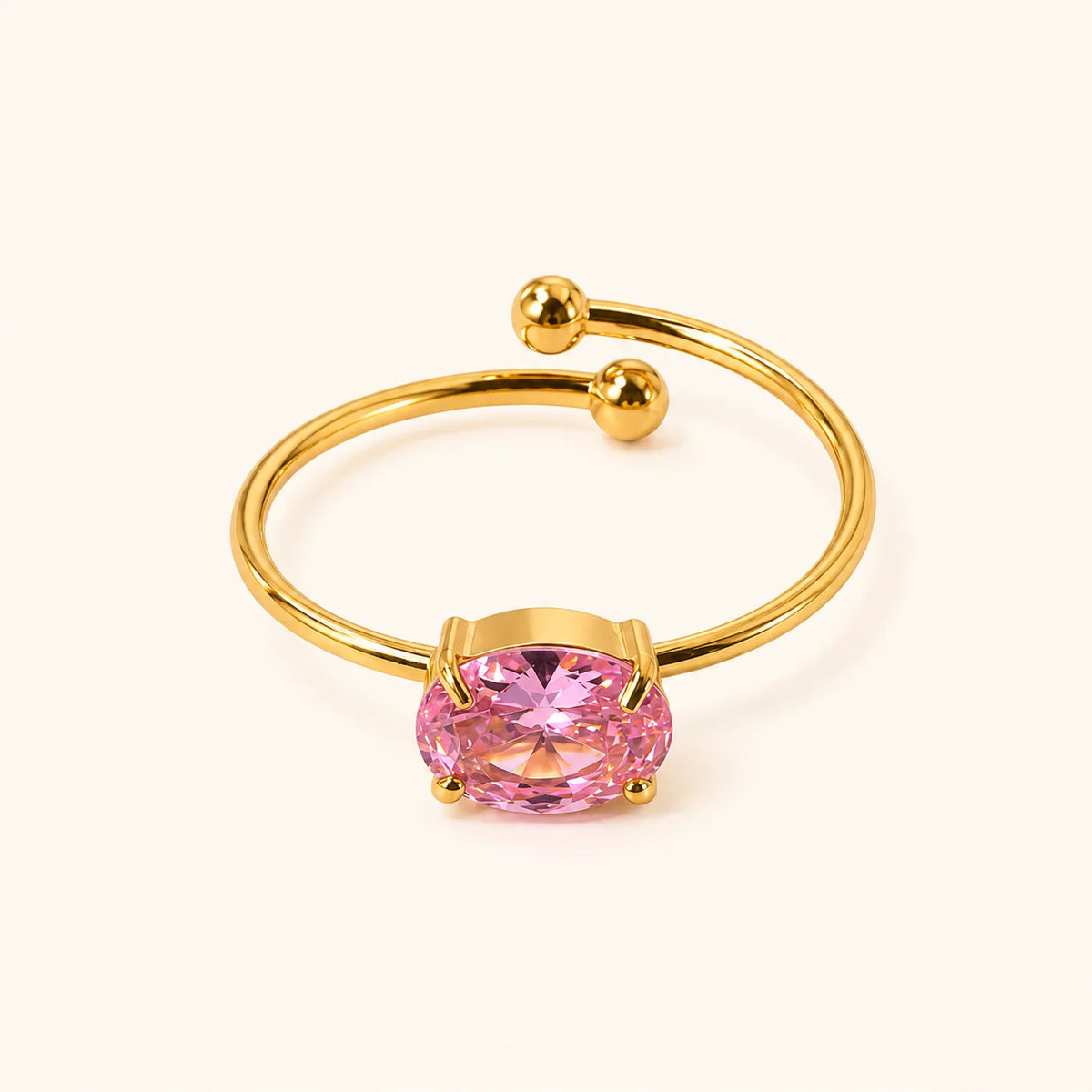 Cassie slim gold open ring with a pink oval stone, view 2