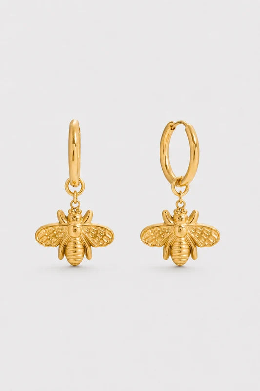 Sage gold huggie earrings with bee charm