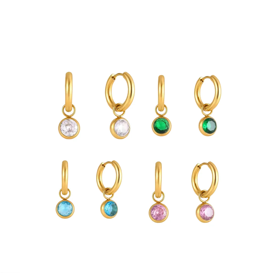 Callie gold hoop earrings with round bezel crystal charms in five colours