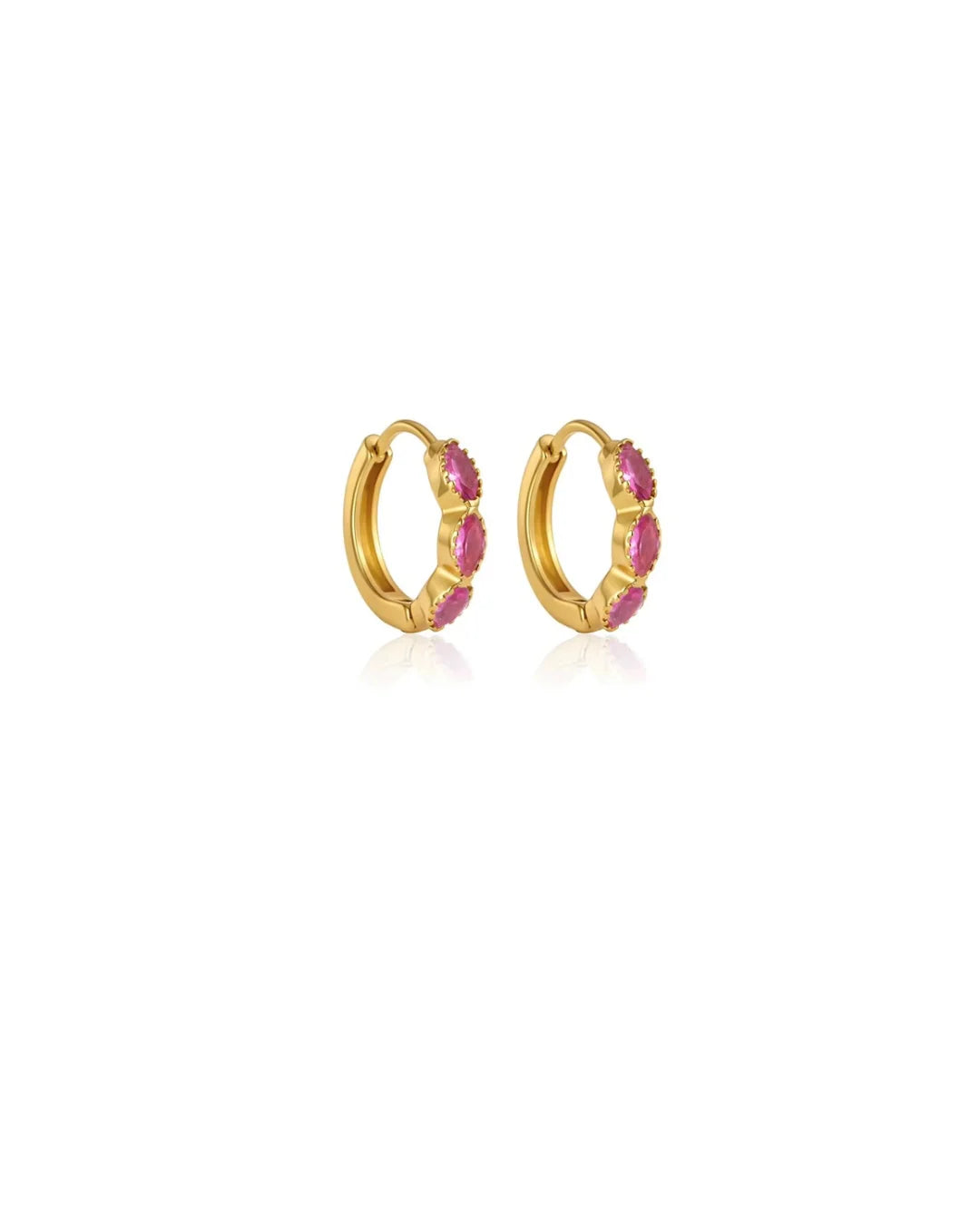 Corinne gold huggie hoop earrings with pink marquise stones