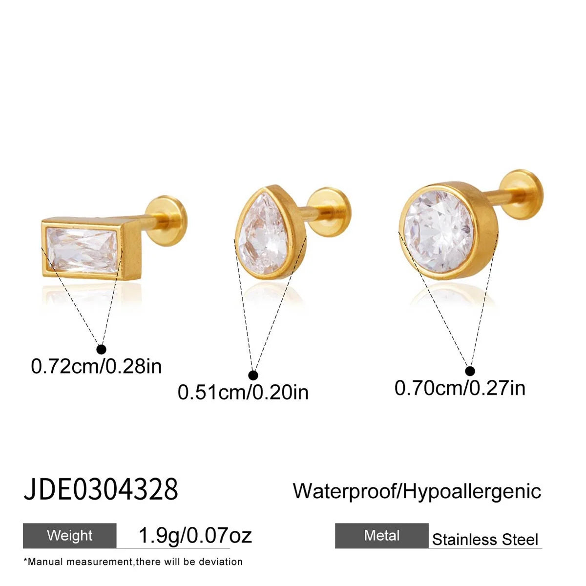 Harlow gold stud earring set with baguette, pear and round crystals, size and dimensions