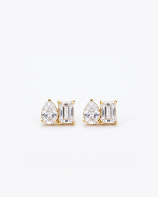Leah gold stud earrings with pear and square crystals, view 3