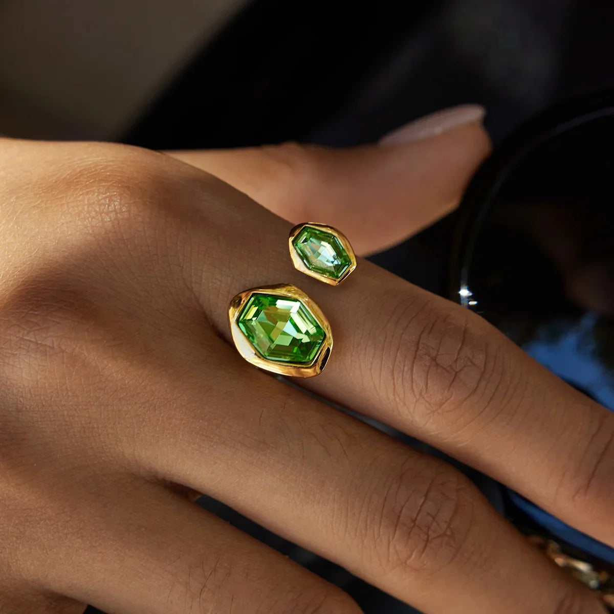 Maren gold toi-et-moi ring with two green hexagon stones, view 4