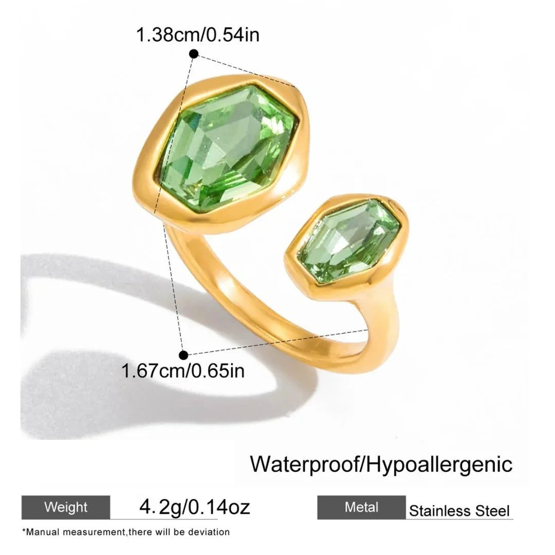 Maren gold toi-et-moi ring with two green hexagon stones, view 2