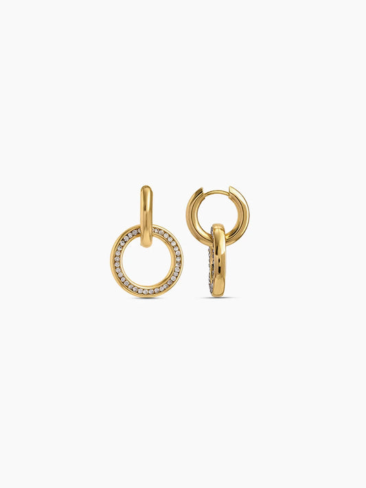 Meredith gold huggie earrings with pave crystal circle link