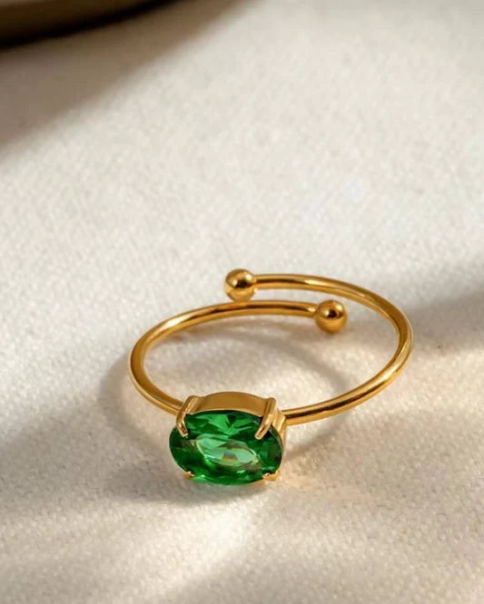 Cassie slim gold open ring with a green oval stone, view 2