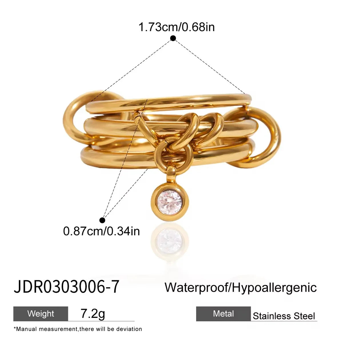 Odile gold triple interlocked band ring with a drop charm, view 2