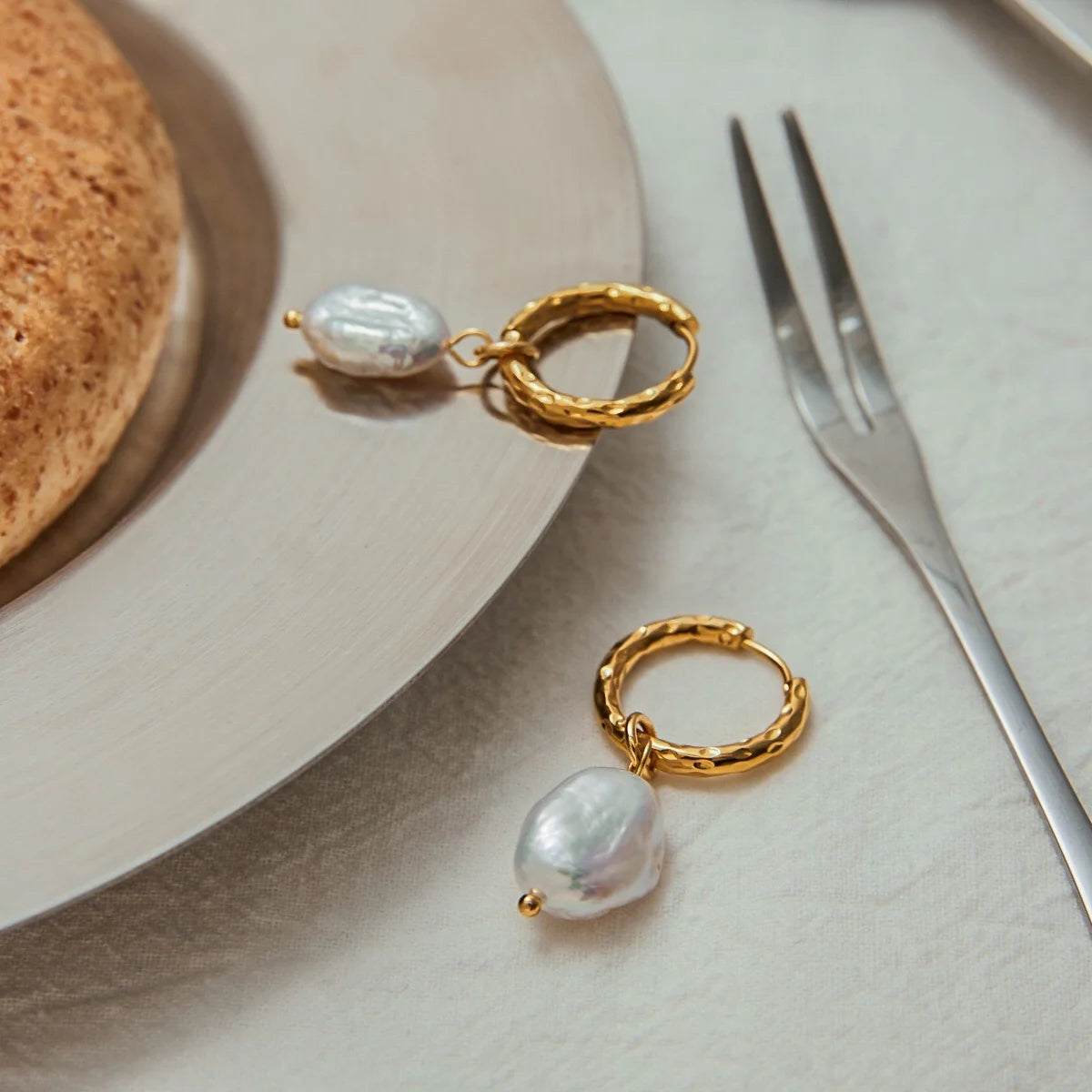 Teresa gold huggie earrings with baroque pearl drop, view 5