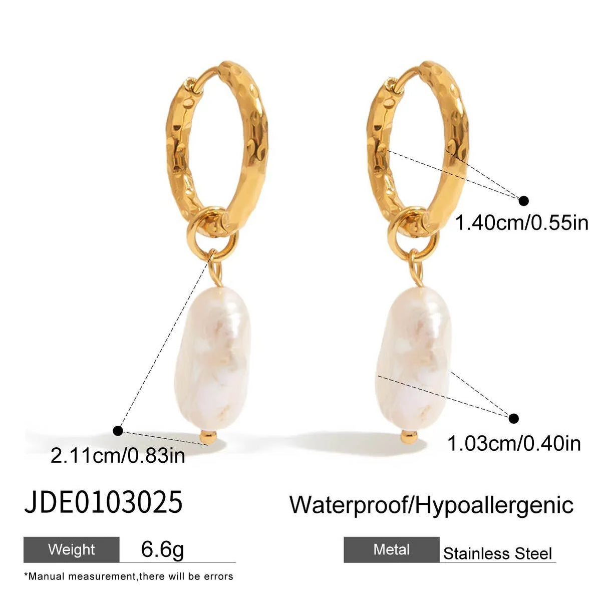 Teresa gold huggie earrings with baroque pearl drop, size and dimensions
