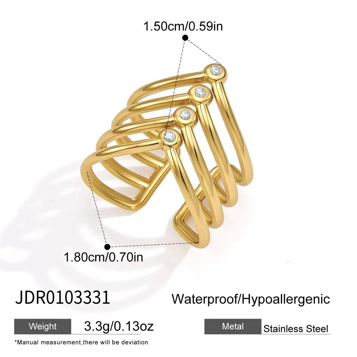 Freya gold chevron multi band ring with small stones, view 2