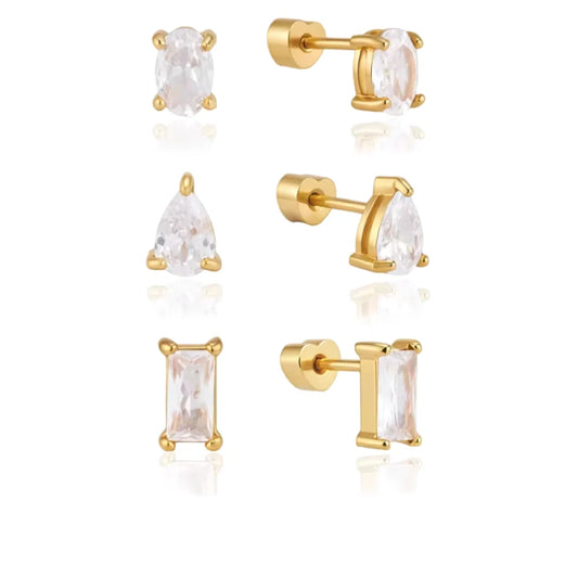 Nadine gold stud earring set with oval, pear and baguette crystals