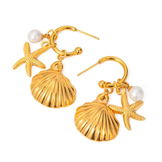 Marigold gold hoop earrings with shell, starfish and pearl charms