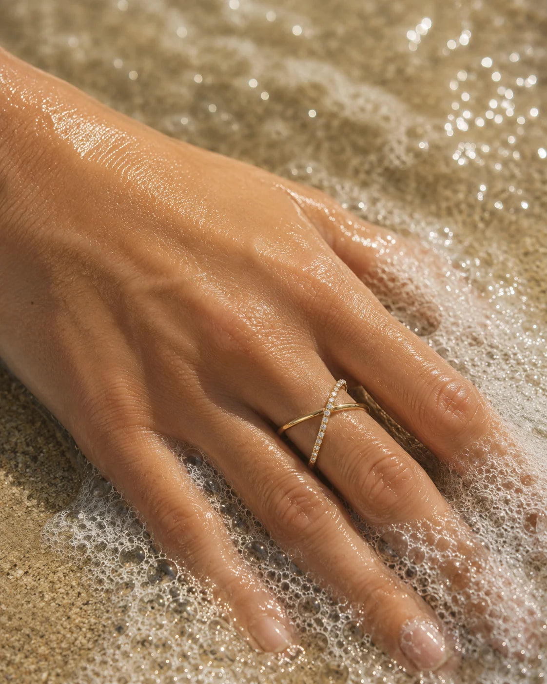 Claire gold criss cross X ring with one pave band, view 3