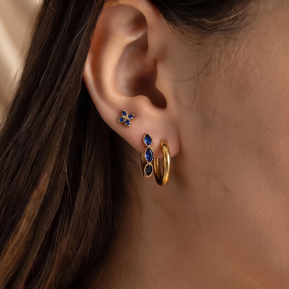 Cecily Marquise Huggie Earring Set (Gold Blue)