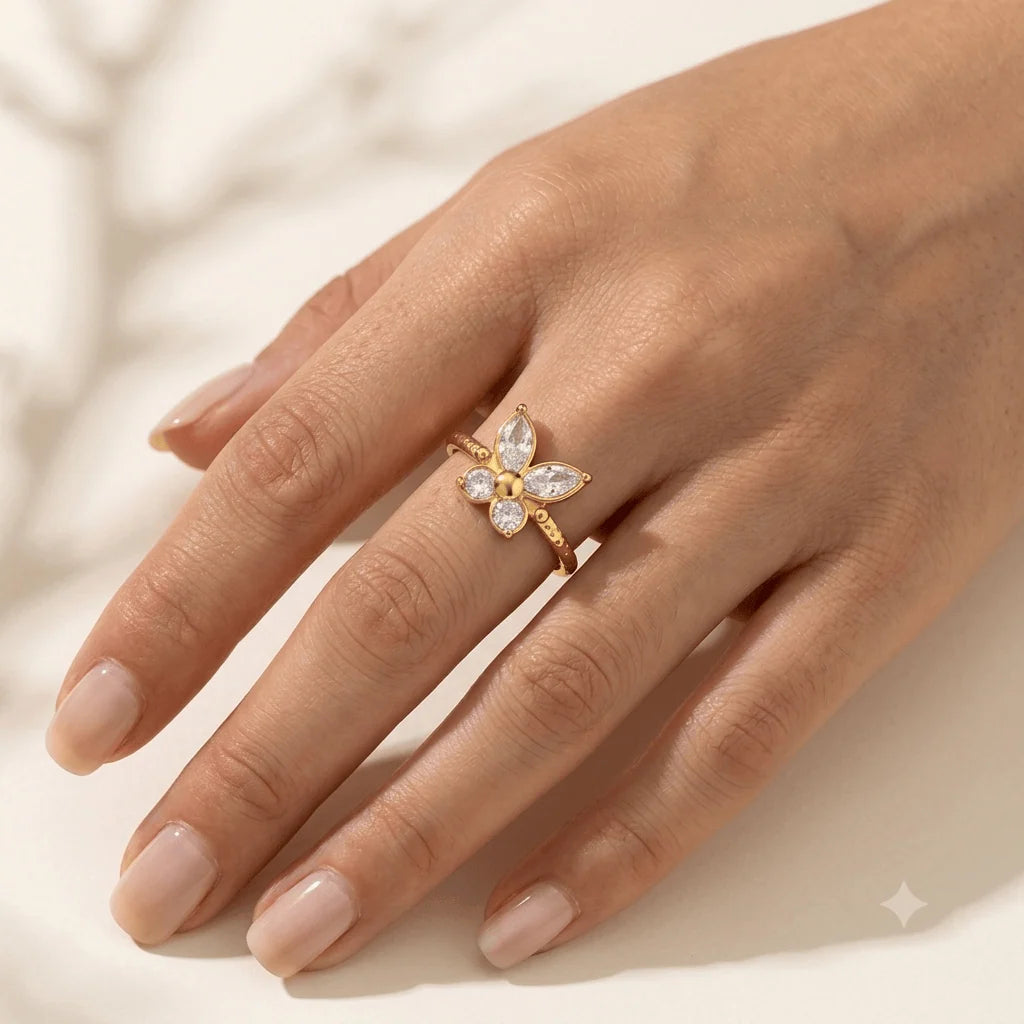 Vanessa gold open ring with a butterfly of marquise clear stones, view 5