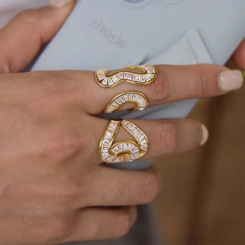 Seraphina gold S wave statement ring with baguette stones, view 2