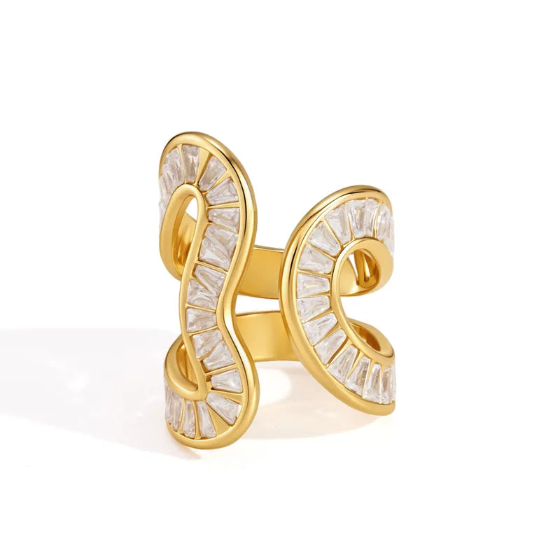Seraphina gold S wave statement ring with baguette stones