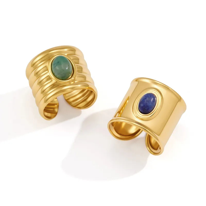 Olive chunky ribbed gold ring with a green oval stone, view 2