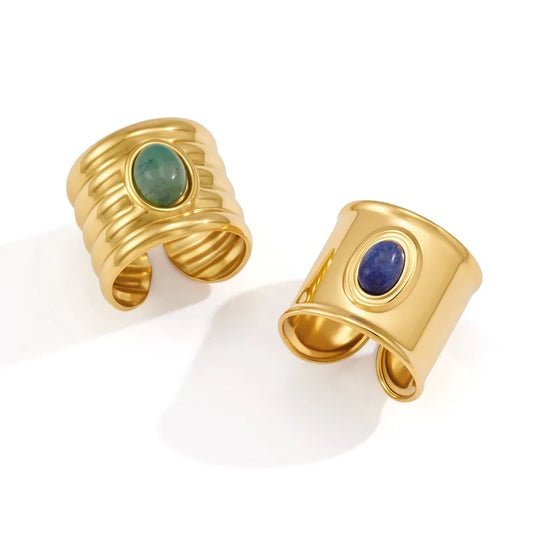 Olive chunky ribbed gold ring with a green oval stone, view 2