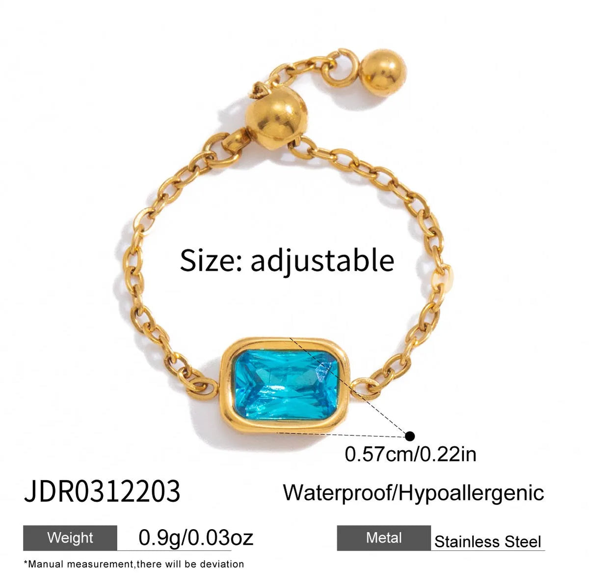 Lorelei gold chain ring with a blue rectangle stone, view 2