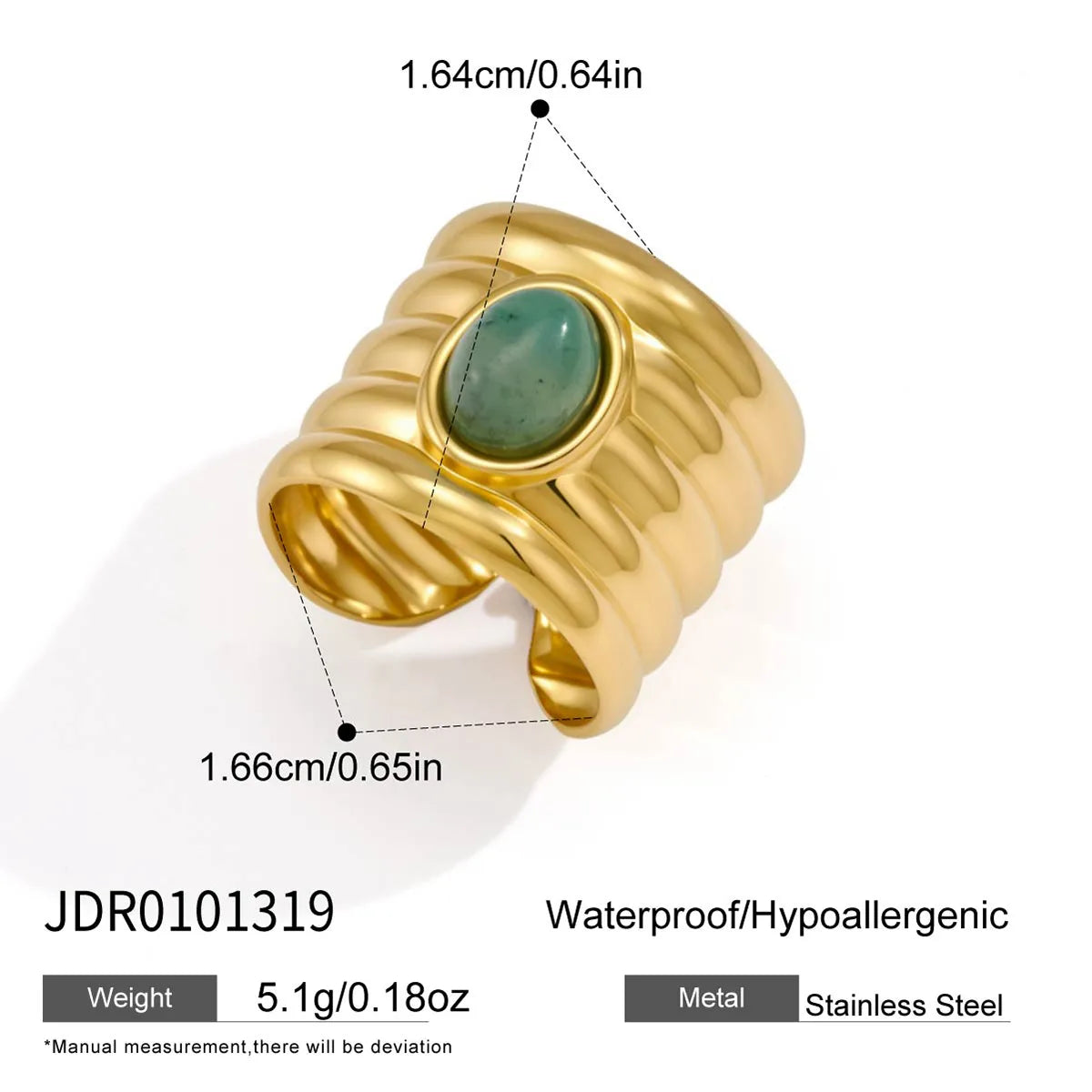 Olive chunky ribbed gold ring with a green oval stone