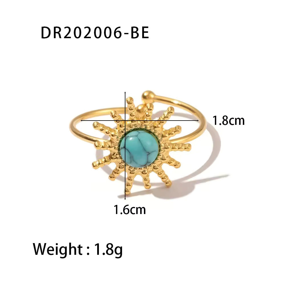 Soleil gold sun ring with a turquoise coloured stone, view 3