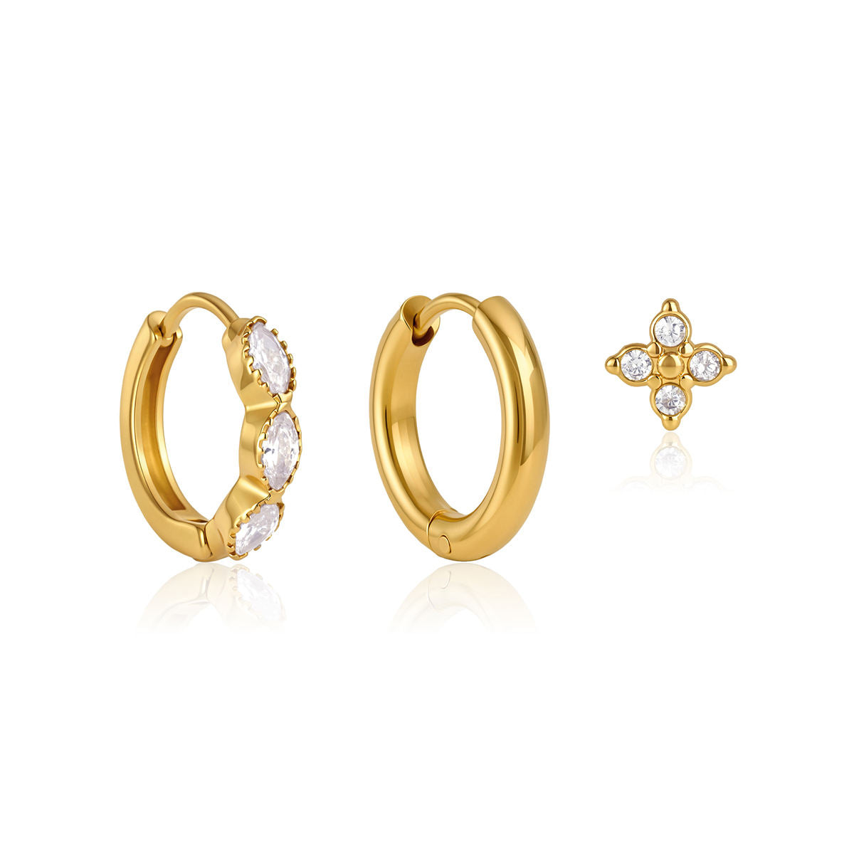 Cecily three piece gold earring set with plain hoop, clear marquise huggie and crystal flower stud, view 2