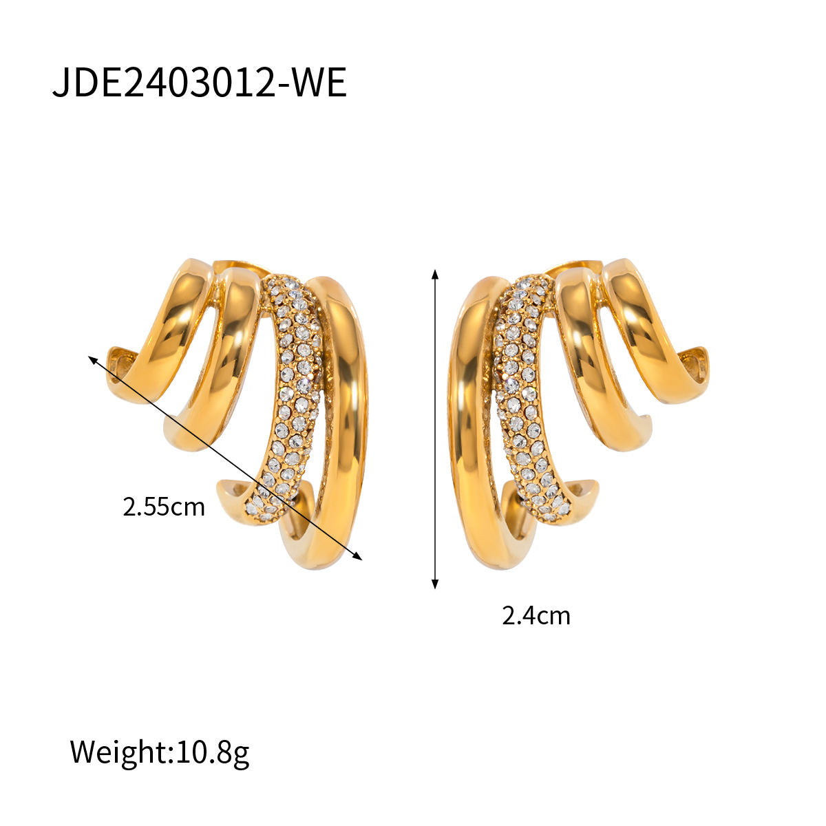 Tallulah gold triple claw hoop earrings with pave crystal band, size and dimensions