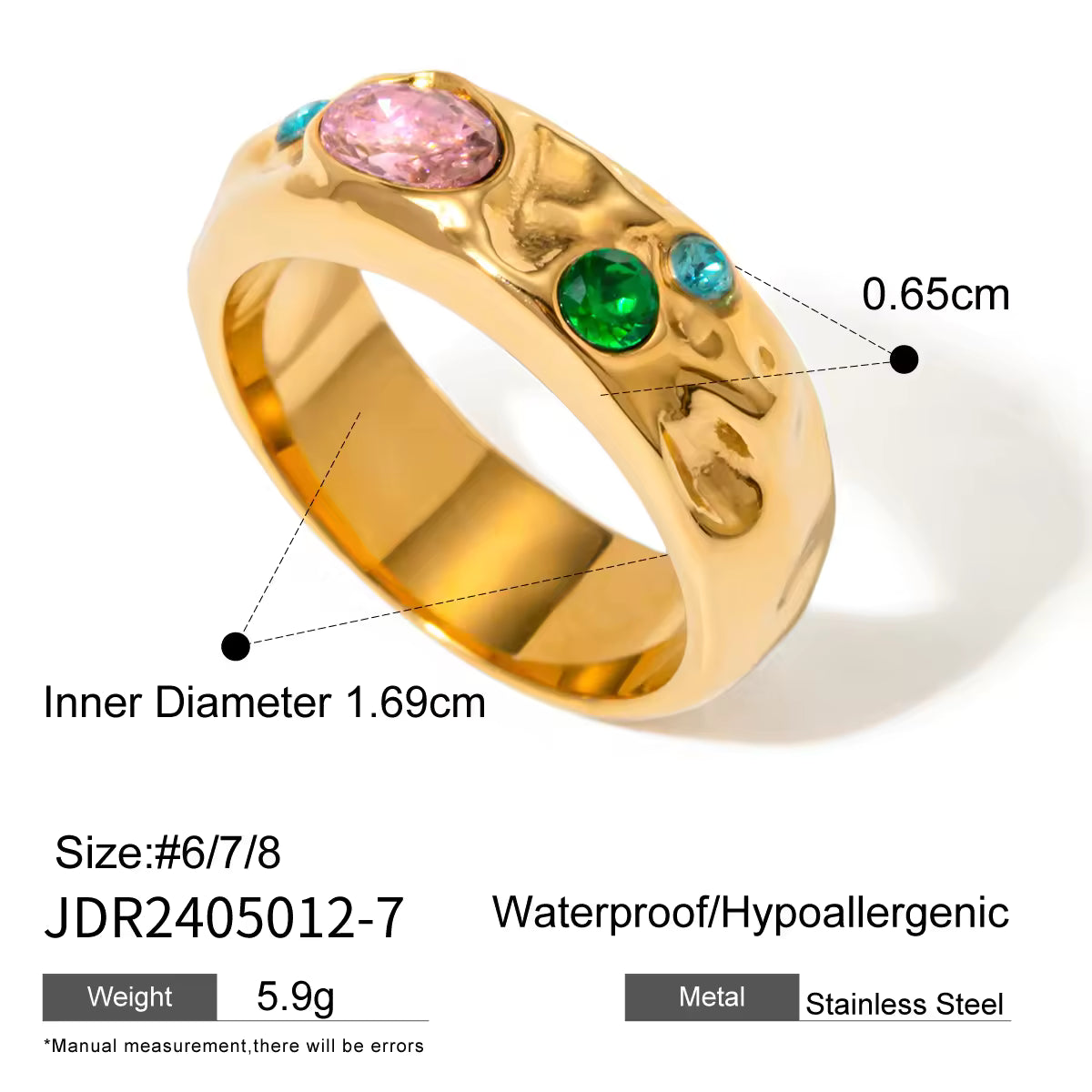 Tilly hammered gold band ring with pink, green and blue stones, view 2