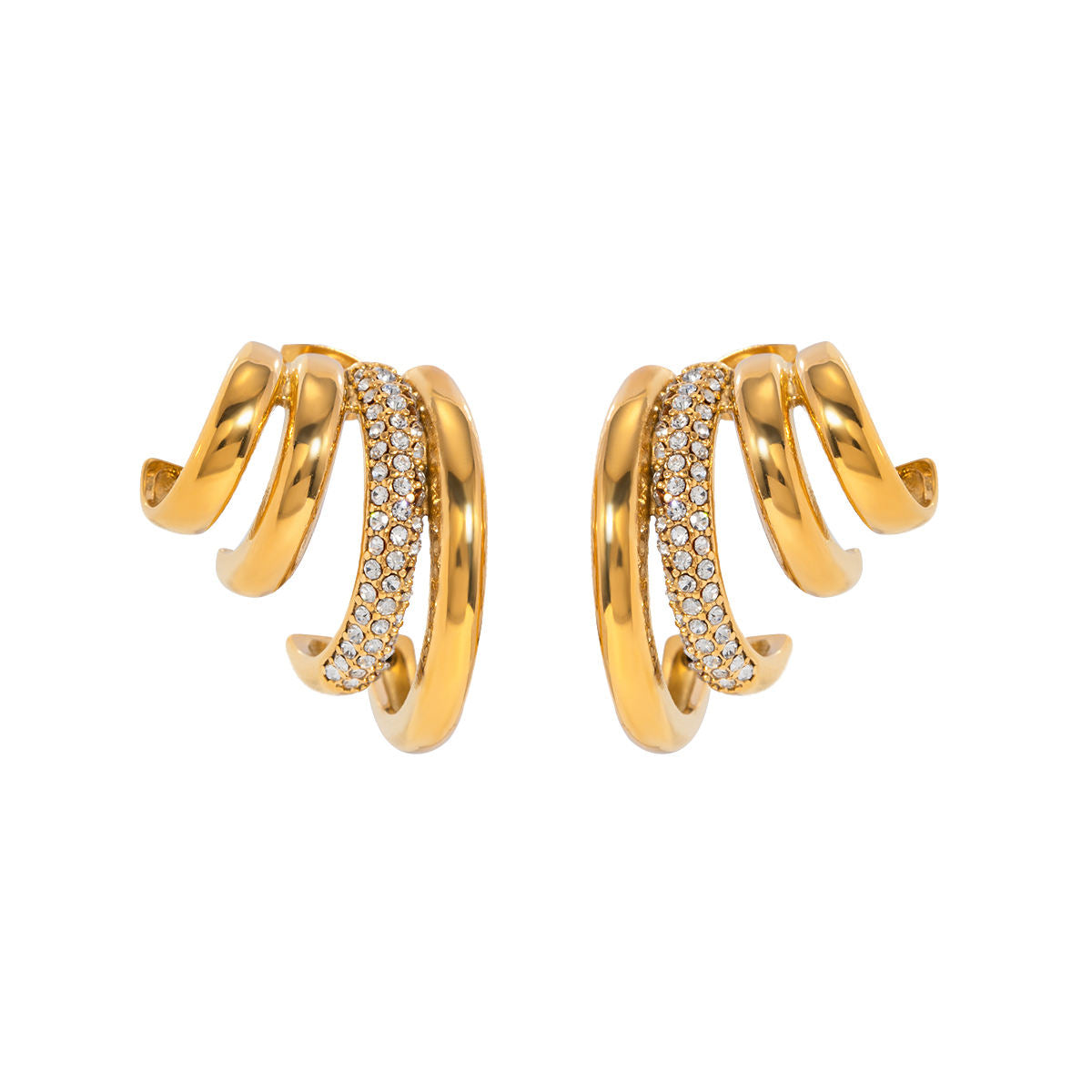 Tallulah gold triple claw hoop earrings with pave crystal band