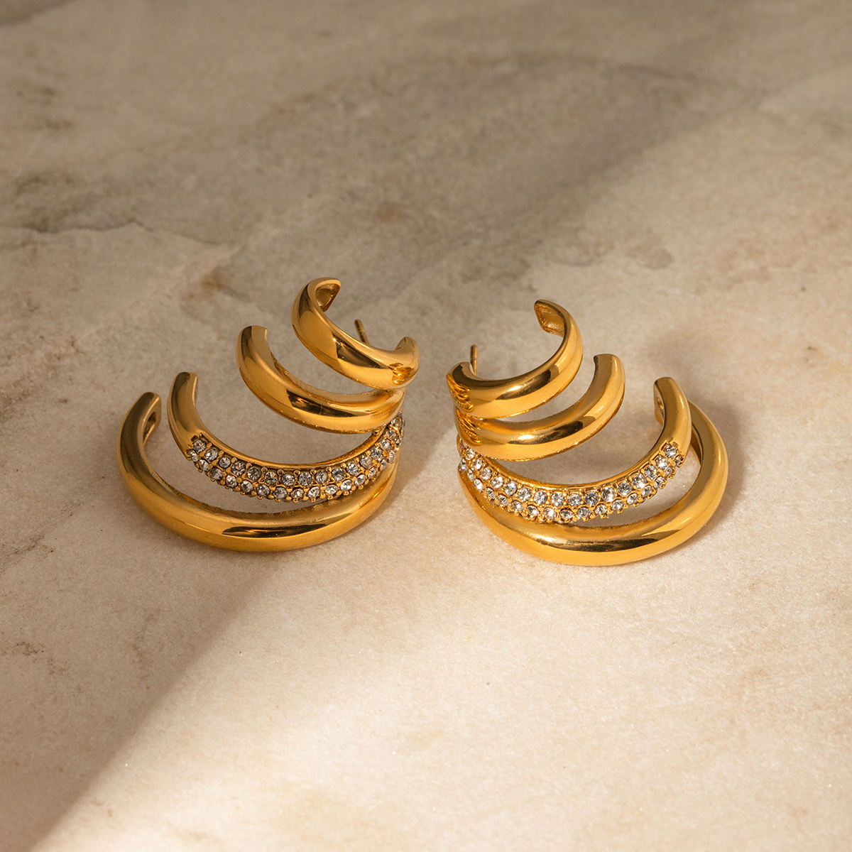 Tallulah gold triple claw hoop earrings with pave crystal band, view 6