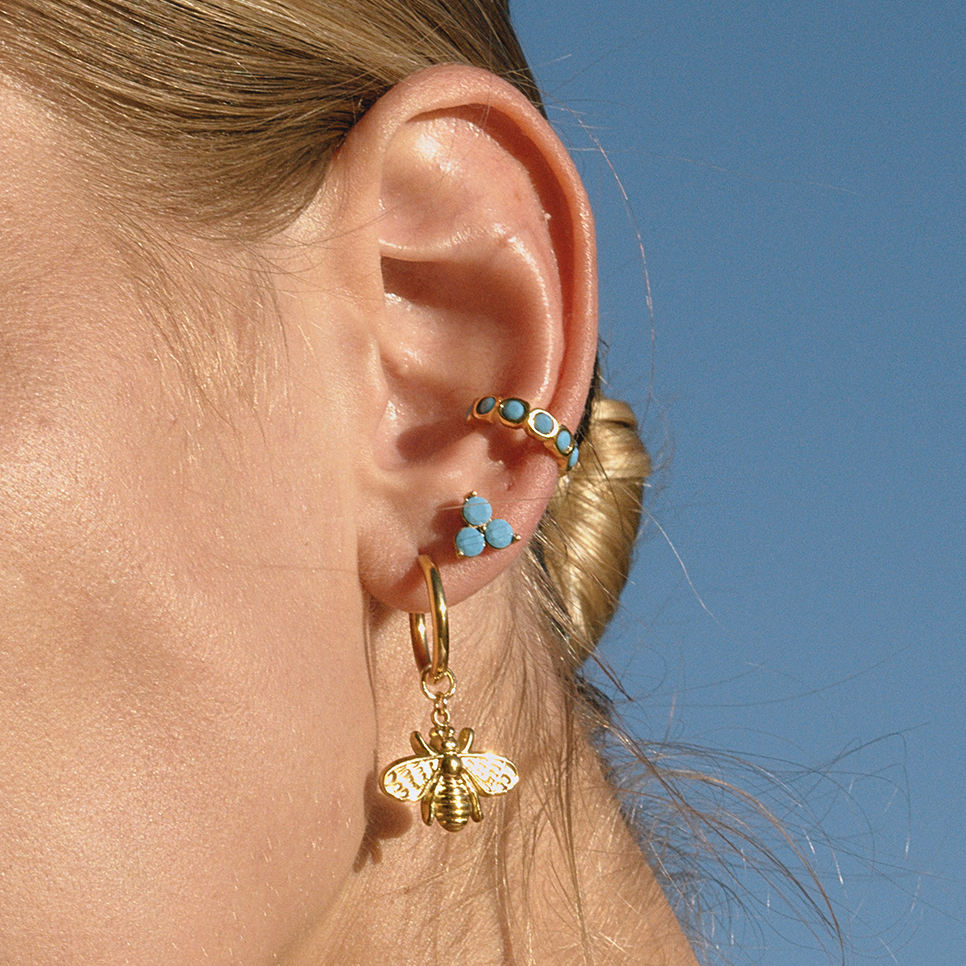 Sage gold huggie earrings with bee charm, view 2