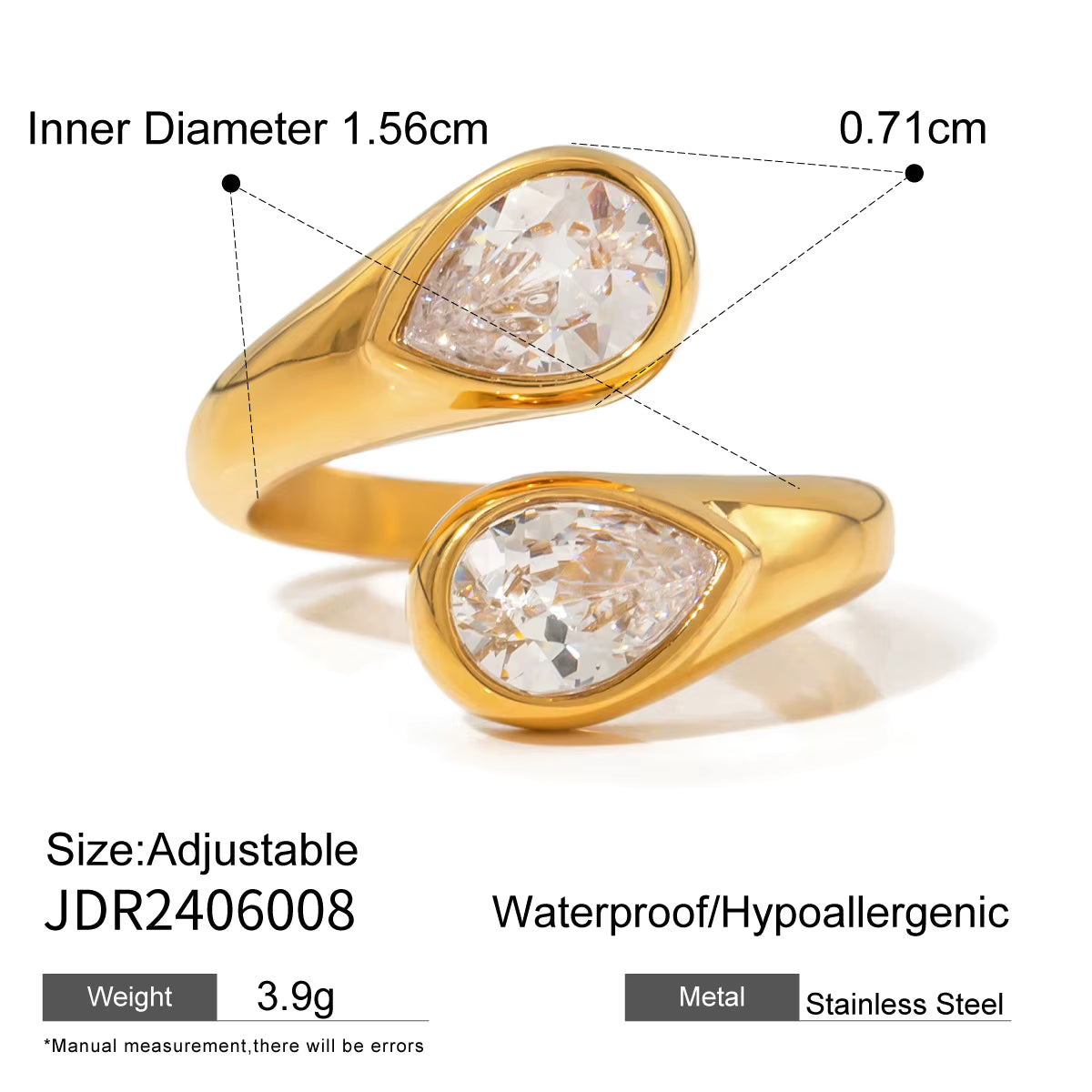 Noemi gold bypass ring with two pear cut stones, view 2