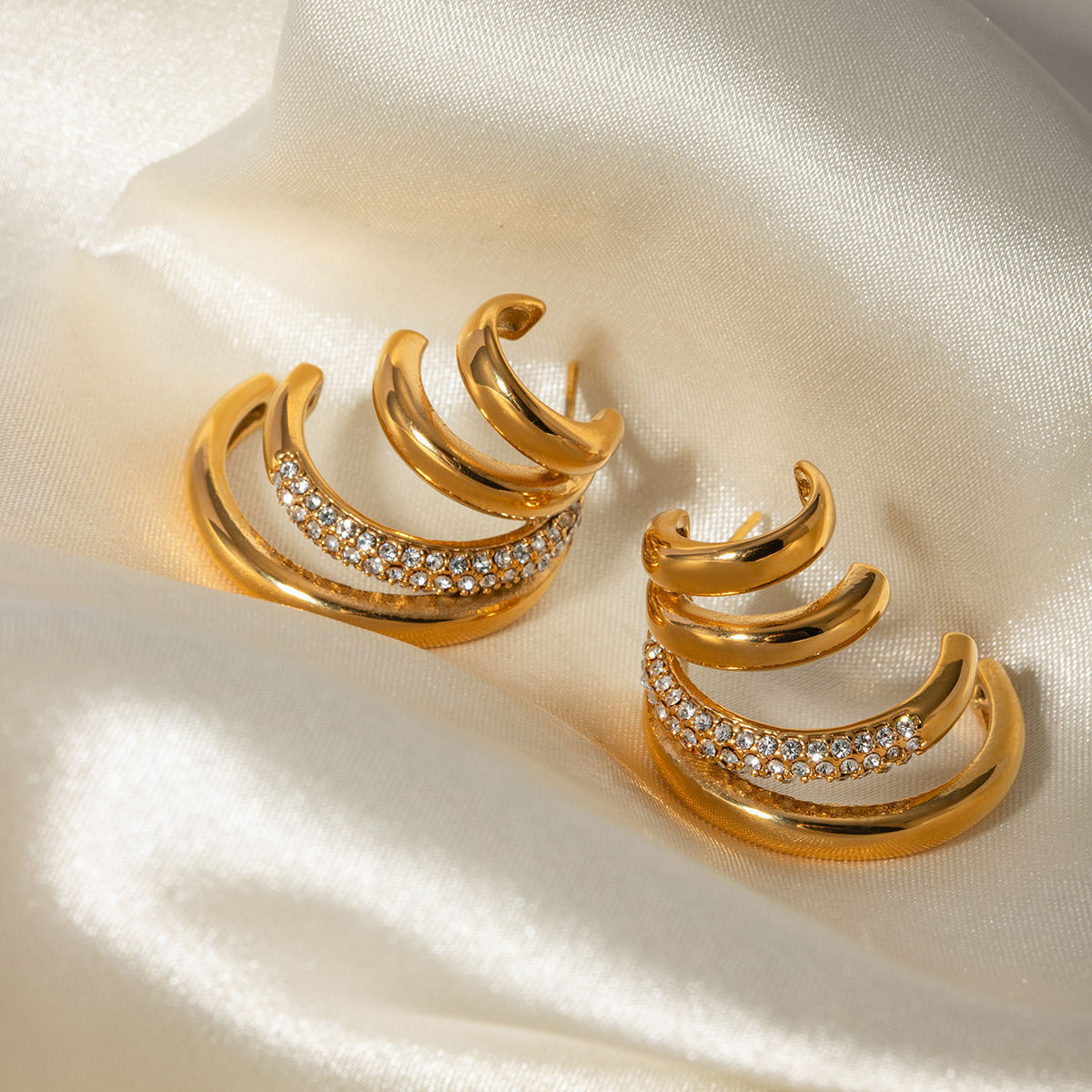 Tallulah gold triple claw hoop earrings with pave crystal band, view 5