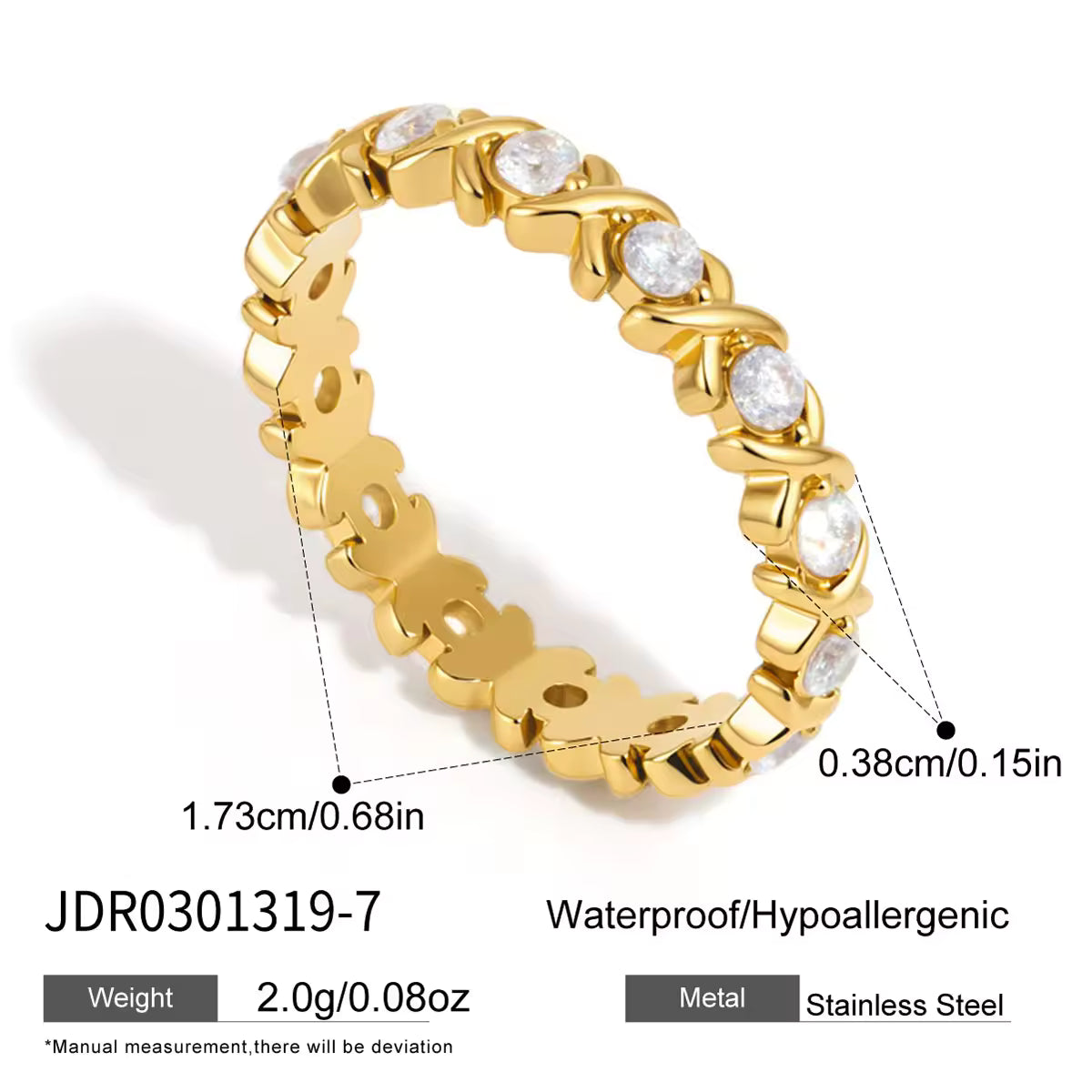 Lacey gold eternity band with alternating X shapes and stones, view 2