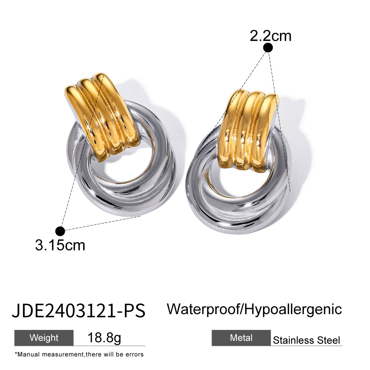 Allegra mixed metal ribbed knot earrings, size and dimensions